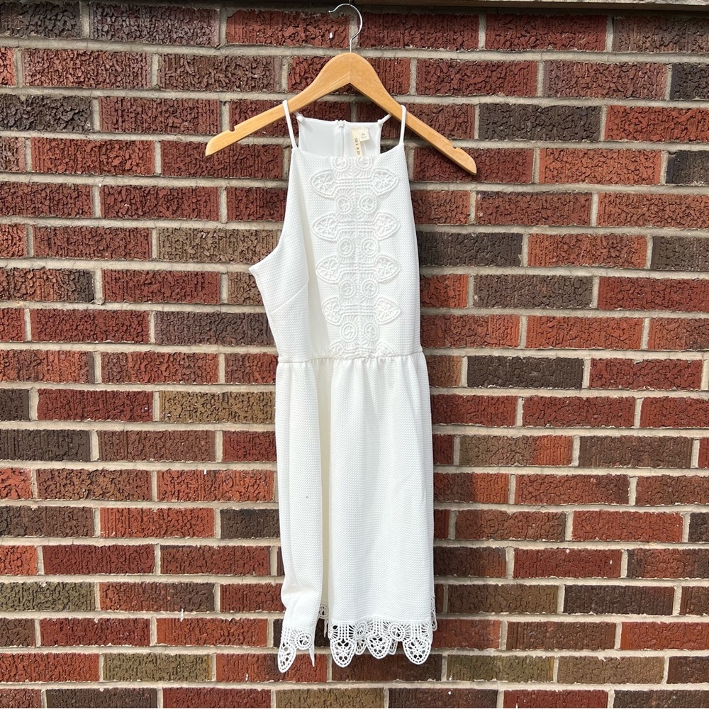 Mi Ami Cream Chiffon Crochet Laced Halter Eyelash Hem Mini Dress